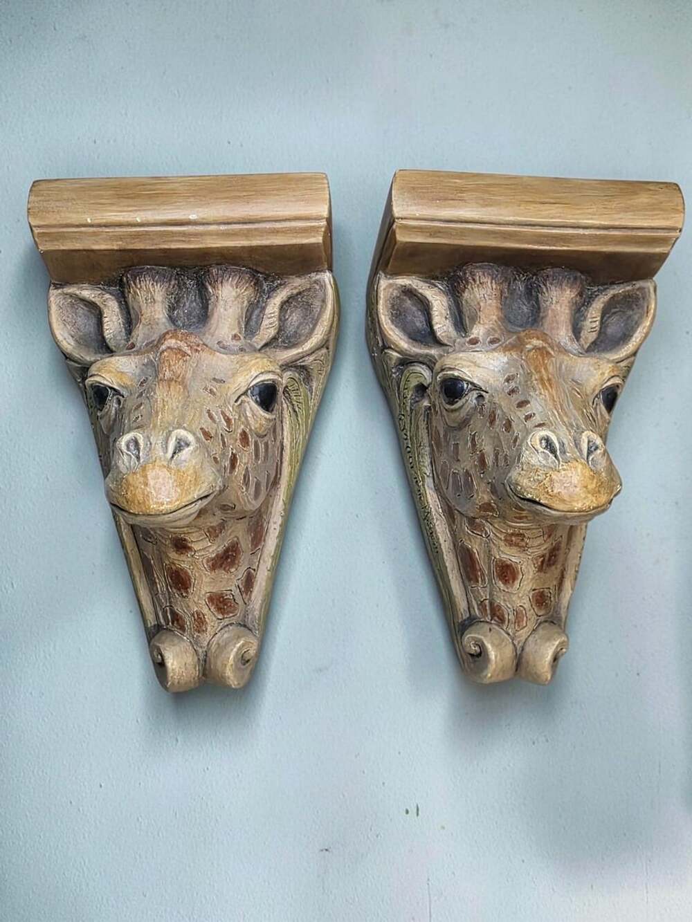 Telle M. Stein Painted Giraffe Wall Bracket Shelf Pair Handcast Resin